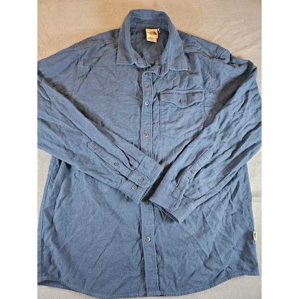 The North Face Flannel Shirt Men's Sz Large Dark Blue Solid Thick Cotton LS‎